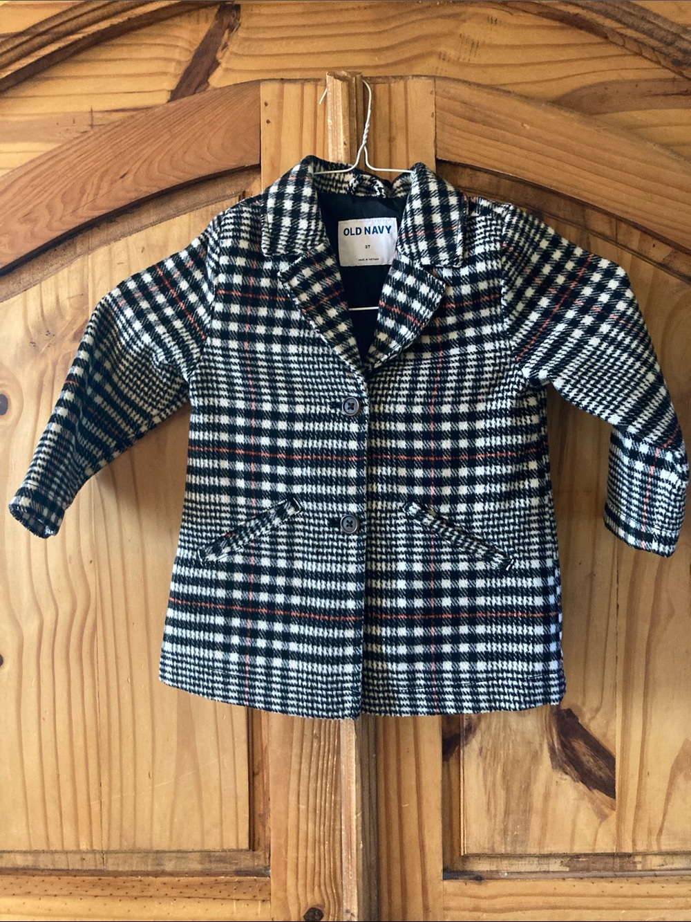 Girls Old Navy black red white plaid trench coat size 3T